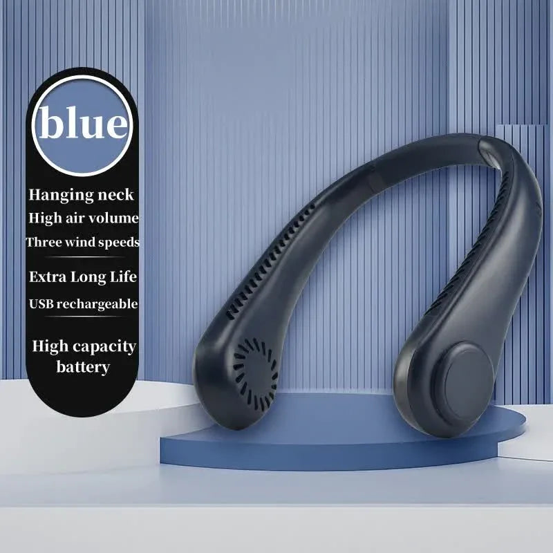 2PCS Blue Leafless Hanging Neck Fan - Rechargeable Portable Hands-Free Cooling Fan with 3 Speeds - Mekamart Australia