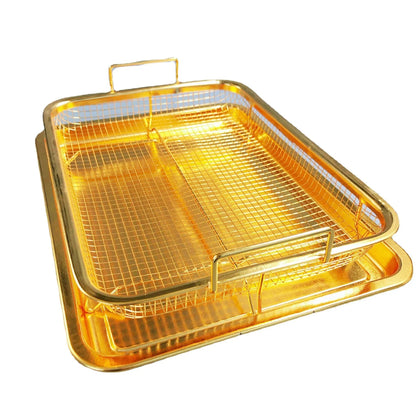 BBQ Square Non-Stick Stainless Steel Grill Basket - Gold Color, Small Size (30*22*5.5 cm), Ideal for Grilling Meat and Vegetables - Mekamart Australia