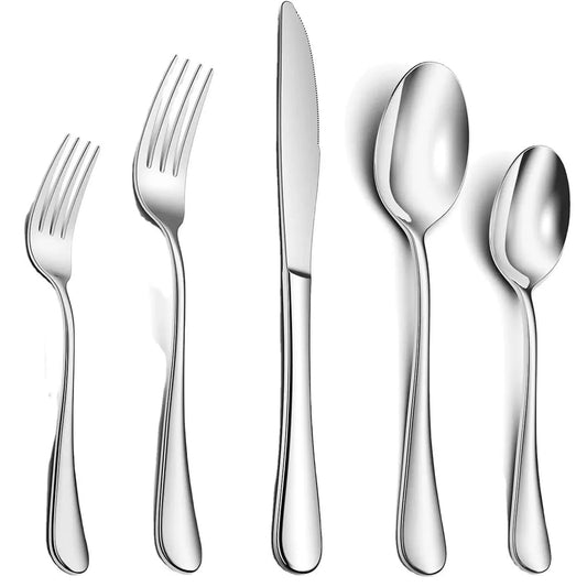 Silver 410 Stainless Steel Cutlery Set - Western Steak Knife, Fork & Spoon Set, 6 Set/30-Piece Dinnerware Set - Mekamart Australia