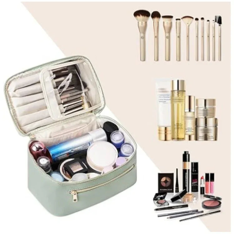 Green PU Leather Large Capacity Makeup Bag - Waterproof & Multifunctional Handbag for Women - Mekamart Australia