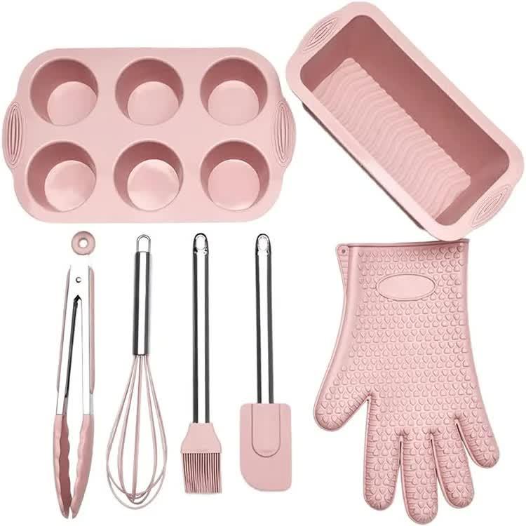 Pink 7-Piece Silicone Bakeware Set with Whisk, Spatula, Brush, Gloves, and Cake Molds for Home Baking - Mekamart Australia