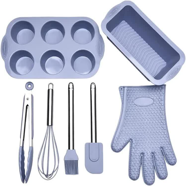 Grey 7-Piece Silicone Bakeware Set with Whisk, Spatula, Brush, Gloves, and Cake Molds for Home Baking - Mekamart Australia