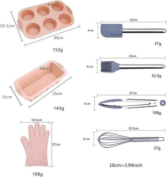 Grey 7-Piece Silicone Bakeware Set with Whisk, Spatula, Brush, Gloves, and Cake Molds for Home Baking - Mekamart Australia