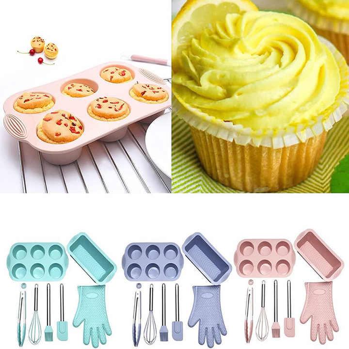 Grey 7-Piece Silicone Bakeware Set with Whisk, Spatula, Brush, Gloves, and Cake Molds for Home Baking - Mekamart Australia