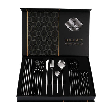 Silver Color Premium 24-Piece Stainless Steel Cutlery Set – Elegant Golden Steak Knife, Fork, and Spoon Set in Luxury Gift Box - Mekamart Australia