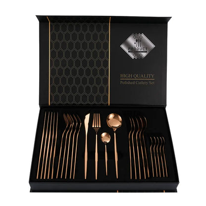 Rose Gold Color Premium 24-Piece Stainless Steel Cutlery Set - Elegant Golden Steak Knife, Fork, and Spoon Set in Luxury Gift Box - Mekamart Australia