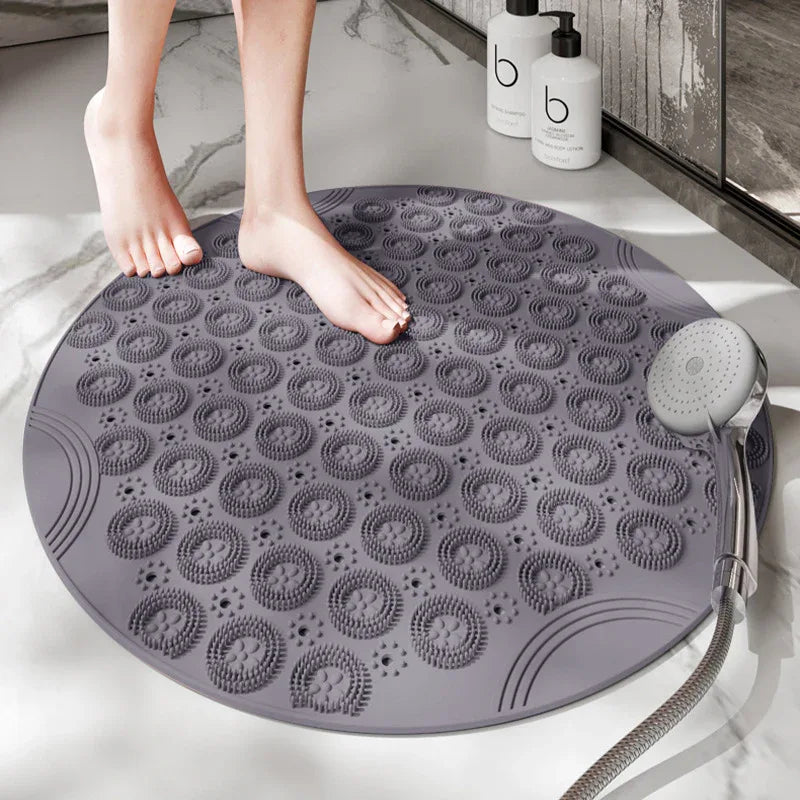 Grey Non-Slip Round Shower Foot Scrubber Mat - Soft Silicone Massage Pad for Foot Cleaning - Mekamart Australia