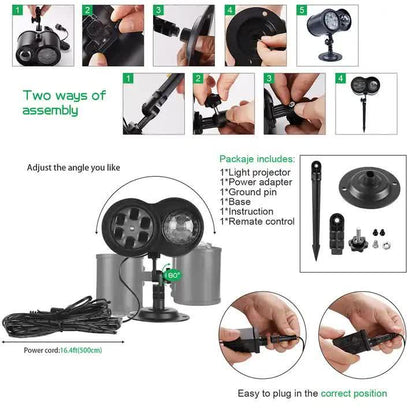 Bracket Outdoor Waterproof Lawn Dual-Tube Projection Light – LED Halloween & Christmas Dynamic Water Ripple Animation, Replaceable 12 Slides, Stake or Stand Mountable - Mekamart Australia