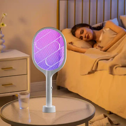 White Rechargeable Electric Mosquito Racket - 2-in-1 Mosquito Killer with Lithium Battery, Fly Swatter & Mosquito Zapper for Home Use - Mekamart Australia