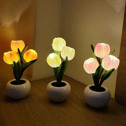 Yellow Flowers USB Tulip Night Light - Bedroom Decor Table Lamp with PU Flowers & Ceramic Pot, Perfect Gift for Family & Friends - Mekamart Australia