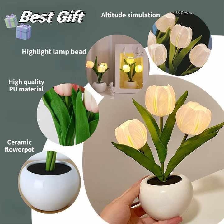 Yellow Flowers USB Tulip Night Light - Bedroom Decor Table Lamp with PU Flowers & Ceramic Pot, Perfect Gift for Family & Friends - Mekamart Australia