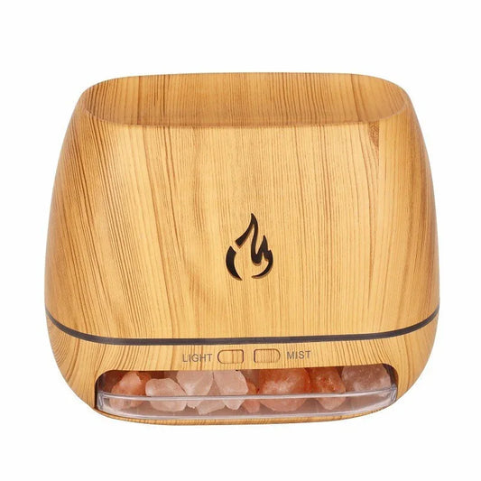 Wood Grain Color Himalayan Salt Flame Aroma Diffuser - 250ml Ultrasonic Humidifier with 7-Color LED Light for Relaxation and Decor - Mekamart Australia