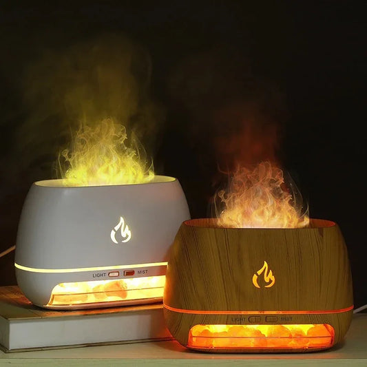 Wood Grain Color Himalayan Salt Flame Aroma Diffuser - 250ml Ultrasonic Humidifier with 7-Color LED Light for Relaxation and Decor - Mekamart Australia