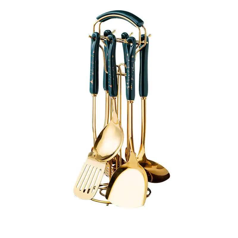 Dark Green Gold Stainless Steel Kitchen Utensil Set - 7-Piece Golden Cooking Tools with Stand - Mekamart Australia