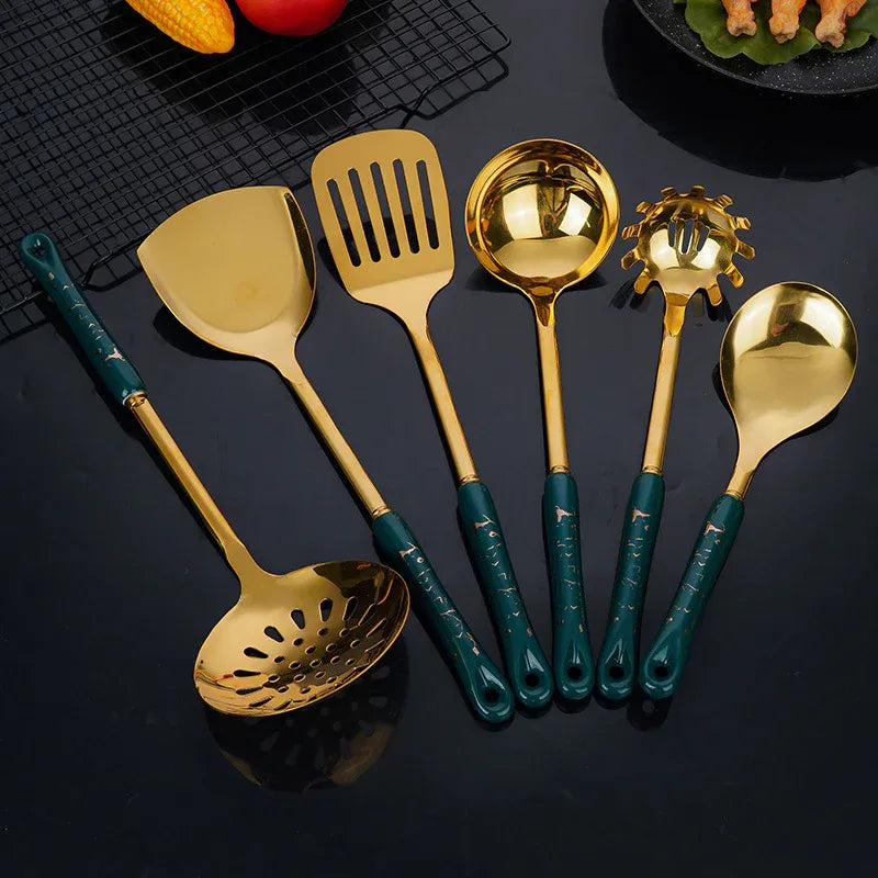 Dark Green Gold Stainless Steel Kitchen Utensil Set - 7-Piece Golden Cooking Tools with Stand - Mekamart Australia