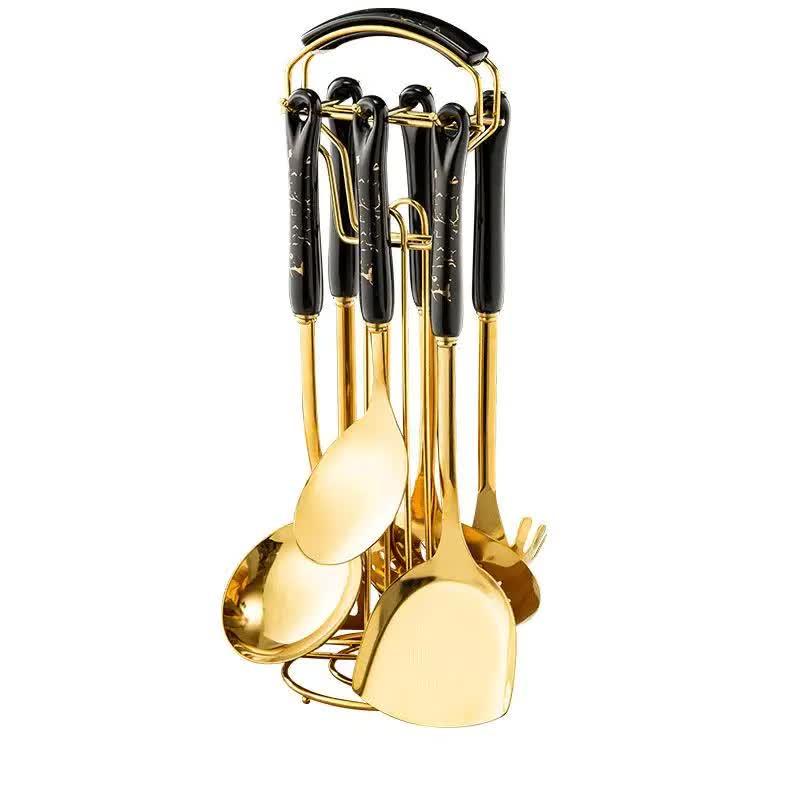 Black Gold Stainless Steel Kitchen Utensil Set - 7-Piece Golden Cooking Tools with Stand - Mekamart Australia