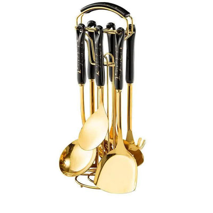 Black Gold Stainless Steel Kitchen Utensil Set - 7-Piece Golden Cooking Tools with Stand - Mekamart Australia