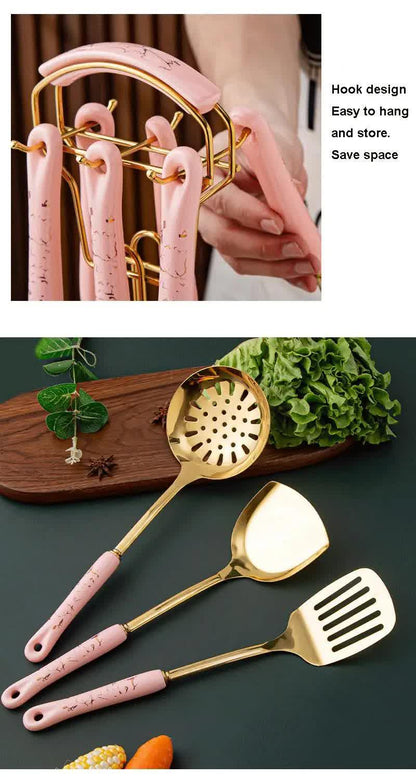 Black Gold Stainless Steel Kitchen Utensil Set - 7-Piece Golden Cooking Tools with Stand - Mekamart Australia