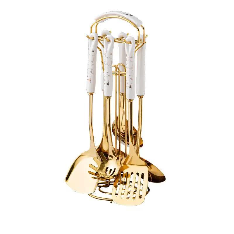 White Gold Stainless Steel Kitchen Utensil Set - 7-Piece Golden Cooking Tools with Stand - Mekamart Australia