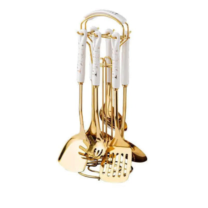 White Gold Stainless Steel Kitchen Utensil Set - 7-Piece Golden Cooking Tools with Stand - Mekamart Australia