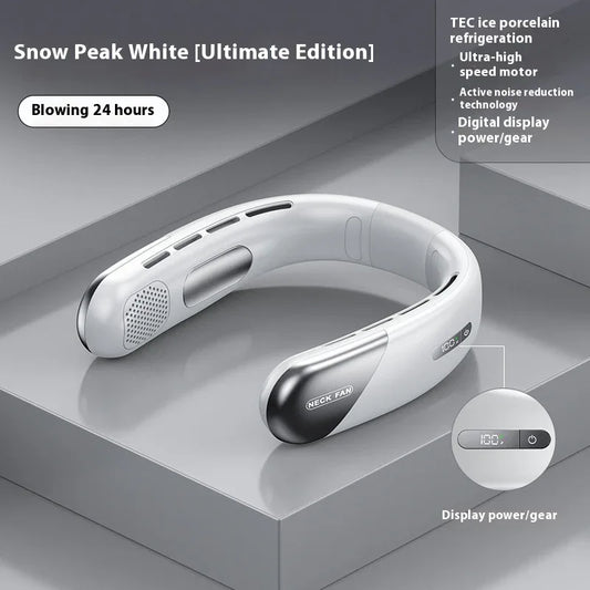 Digital Display Neck Fan - Rechargeable Portable Wearable Fan with Adjustable Speed- White 2400mAh - Mekamart Australia