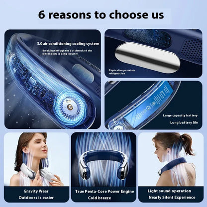 Digital Display Neck Fan - Rechargeable Portable Wearable Fan with Adjustable Speed- Blue 2400mAh - Mekamart Australia