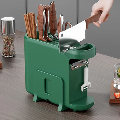 Green Multifunctional Kitchen Knife Rack - Storage Organizer with Built-in Knife Sharpener, for Knives, Chopsticks, Cutting Boards, and Pot Lids - Mekamart Australia