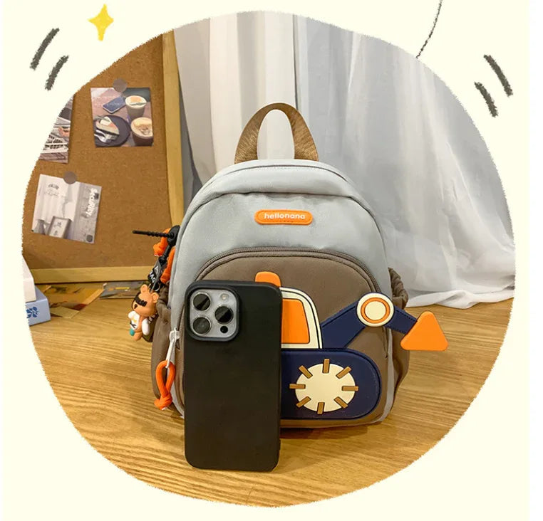 Blue-yellow Kids' Cartoon Backpack - Adorable Excavator Design with Spacious Compartments - Mekamart Australia