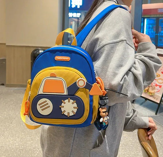 Blue-yellow Kids' Cartoon Backpack - Adorable Excavator Design with Spacious Compartments - Mekamart Australia