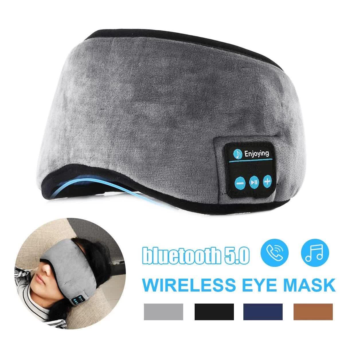 Black Bluetooth 5.0 Wireless Sleep Eye Mask - Soft Plush Eye Cover with Built-in Speakers (13 x 16.5 x 6 cm) - Mekamart Australia