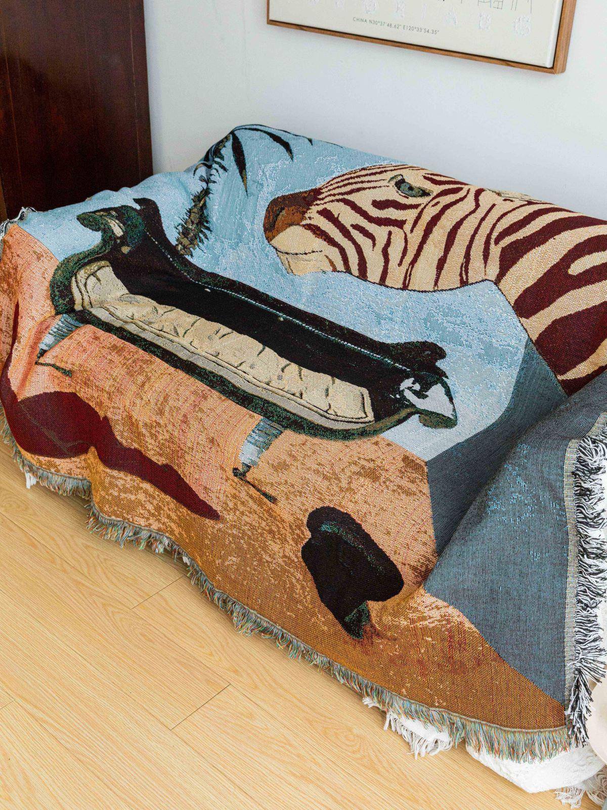 Safari-Inspired Woven Blanket - 160x130cm Artistic Tapestry Throw with Tassel Edges - Mekamart Australia