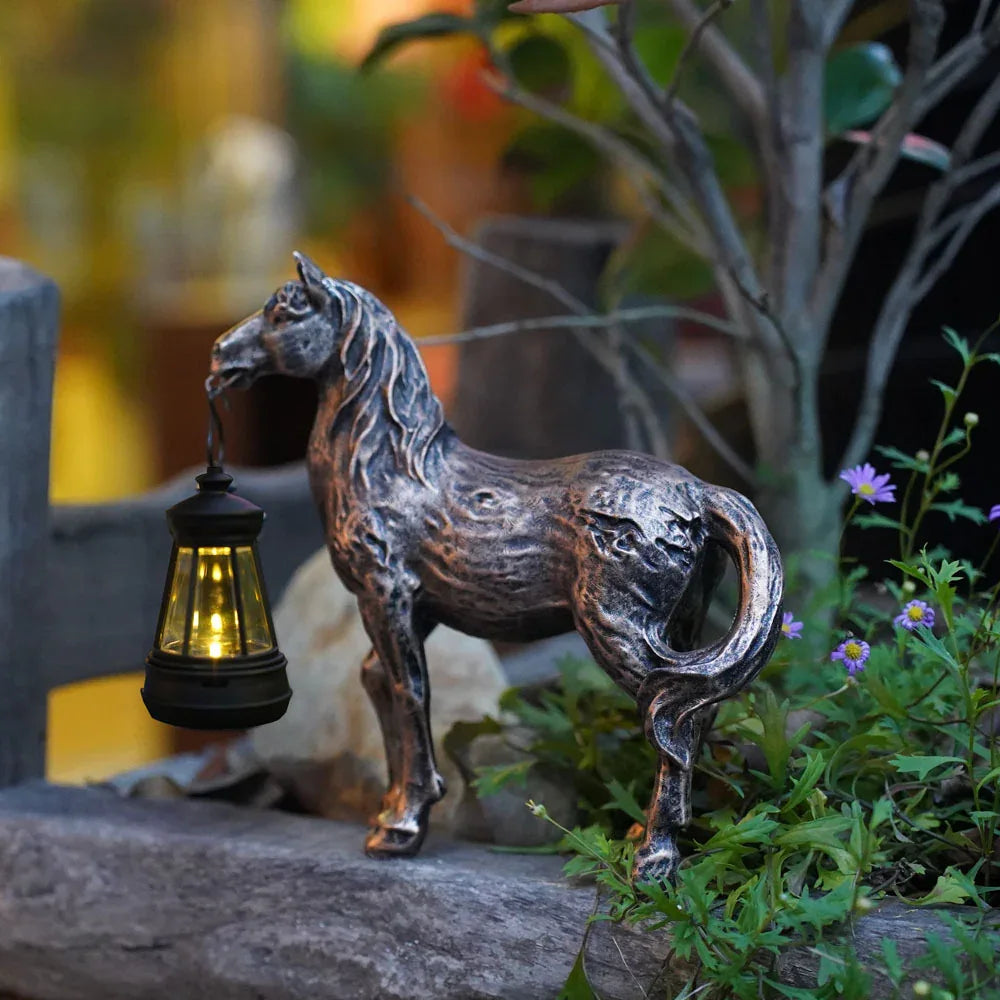 Brown Solar-Powered Horse Statue with LED Lantern - Rustic Outdoor Garden Ornament - Mekamart Australia