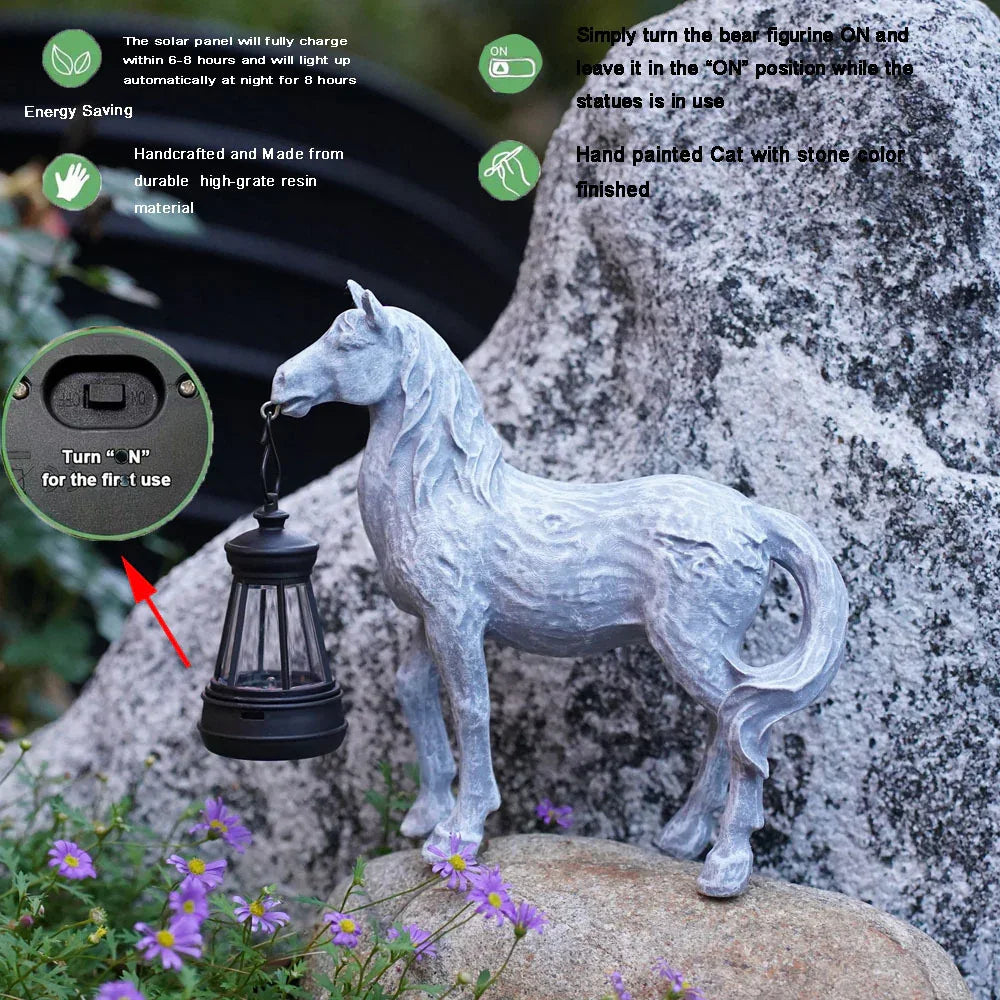 Brown Solar-Powered Horse Statue with LED Lantern - Rustic Outdoor Garden Ornament - Mekamart Australia