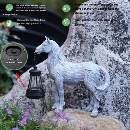 Brown Solar-Powered Horse Statue with LED Lantern - Rustic Outdoor Garden Ornament - Mekamart Australia