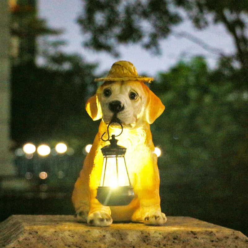 Solar-Powered Dog Statue with LED Lantern - Waterproof Outdoor Garden Light - Mekamart Australia