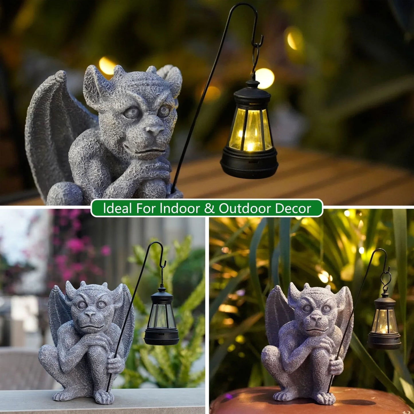 Solar-Powered Gargoyle Statue with LED Lantern – Gothic Outdoor Halloween Garden Decor - Mekamart Australia