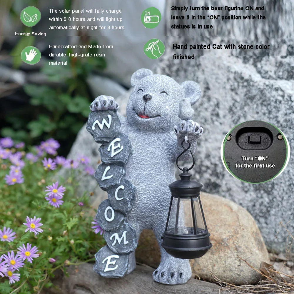 Solar-Powered Welcome Bear Statue with LED Lantern - Outdoor Garden & Patio Decor - Mekamart Australia