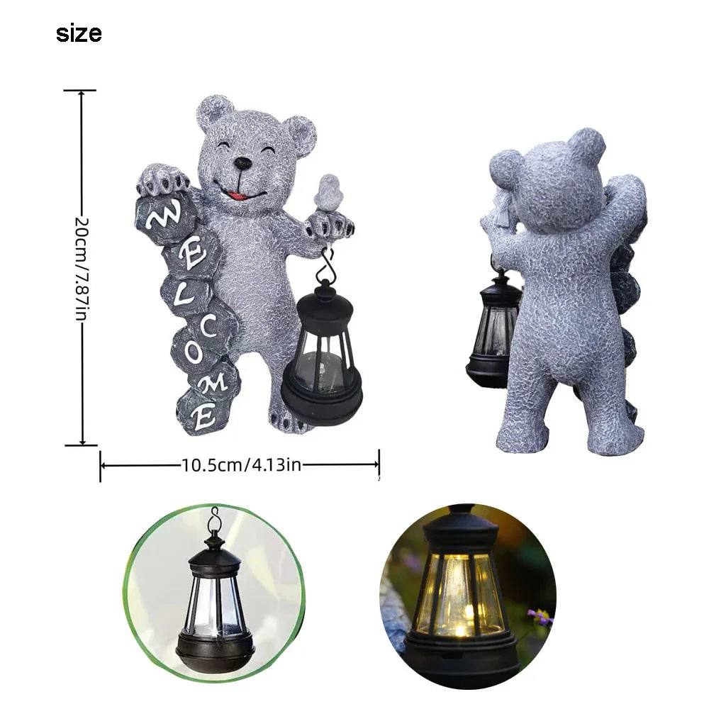 Solar-Powered Welcome Bear Statue with LED Lantern - Outdoor Garden & Patio Decor - Mekamart Australia