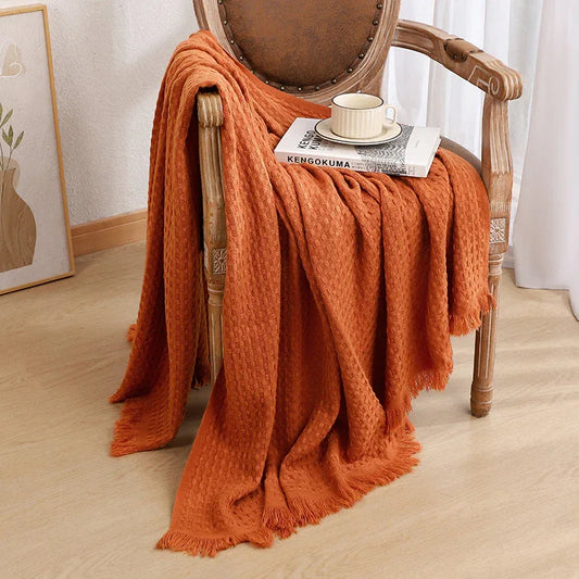 130*230CM Caramel Nordic Solid Color Knitted Sofa Throw Blanket with Tassels - Waffle Weave Polyester Decorative Blanket - Mekamart Australia