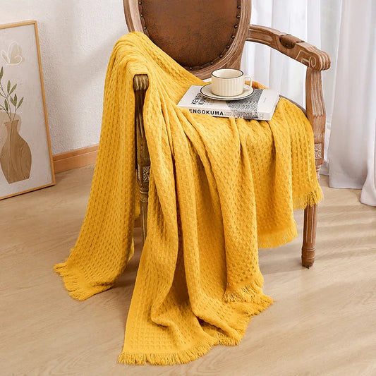 130*230CM Bright Yellow Nordic Solid Color Knitted Sofa Throw Blanket with Tassels - Waffle Weave Polyester Decorative Blanket - Mekamart Australia