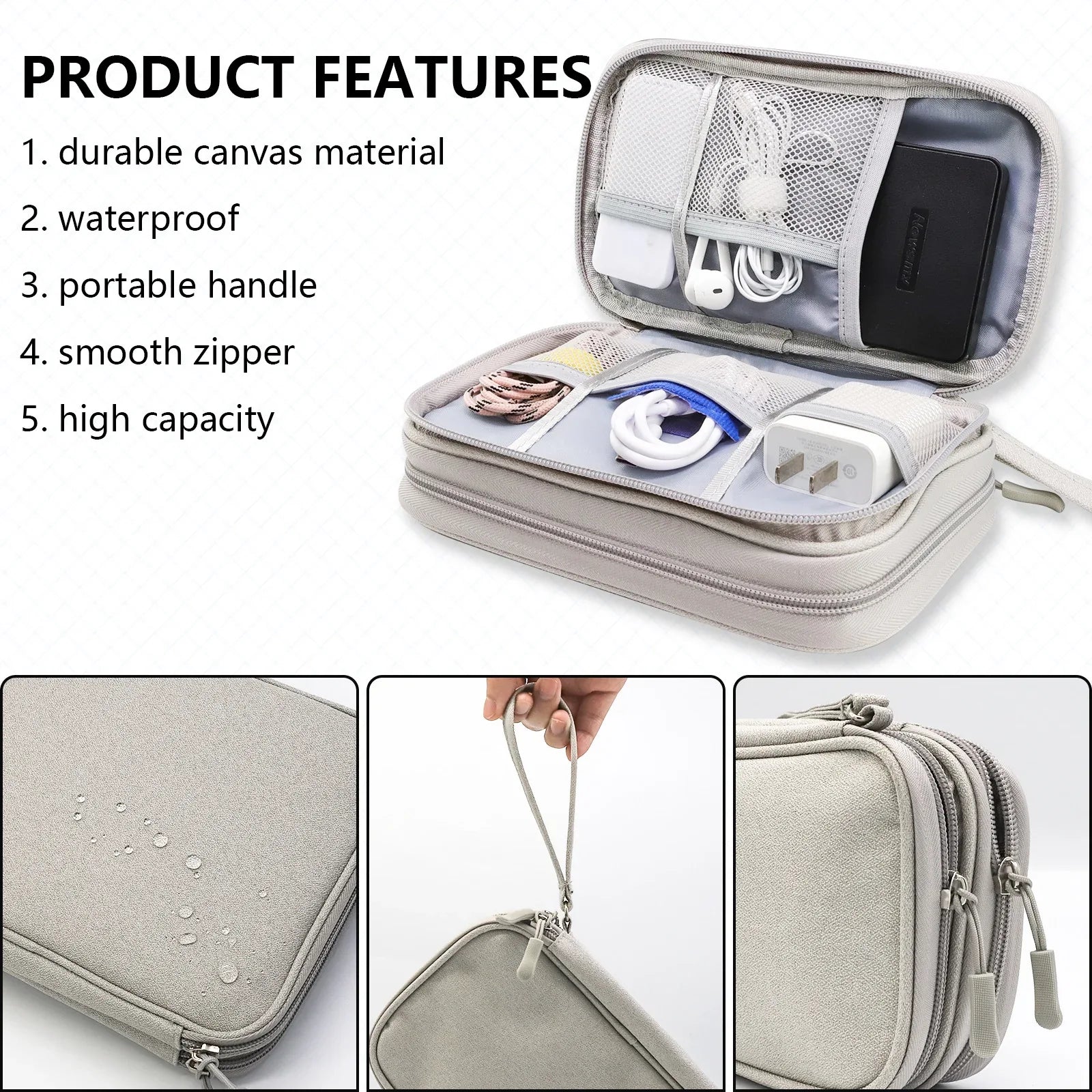 Grey Portable Digital Organizer Bag - Multifunctional Storage for Power Banks, Cables, and Accessories(Photography Props Not Included) - Mekamart Australia