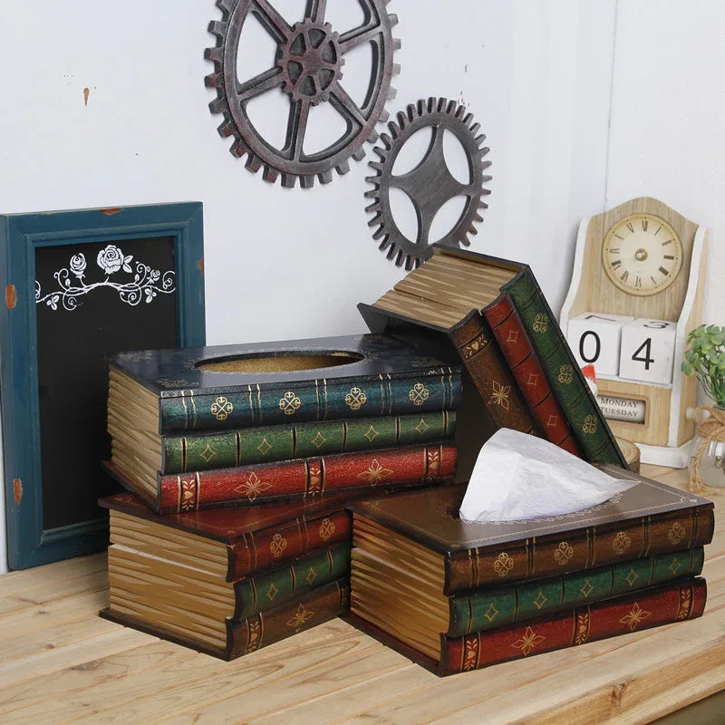 1 Piece Dark Blue Vintage Wooden Tissue Box - Creative Book-Shaped Tissue Holder for Home and Restaurant - Mekamart Australia