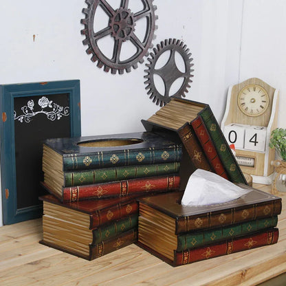 1 Piece Dark Blue Vintage Wooden Tissue Box - Creative Book-Shaped Tissue Holder for Home and Restaurant - Mekamart Australia
