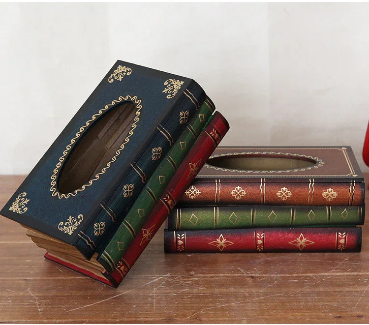 1 Piece Dark Blue Vintage Wooden Tissue Box - Creative Book-Shaped Tissue Holder for Home and Restaurant - Mekamart Australia