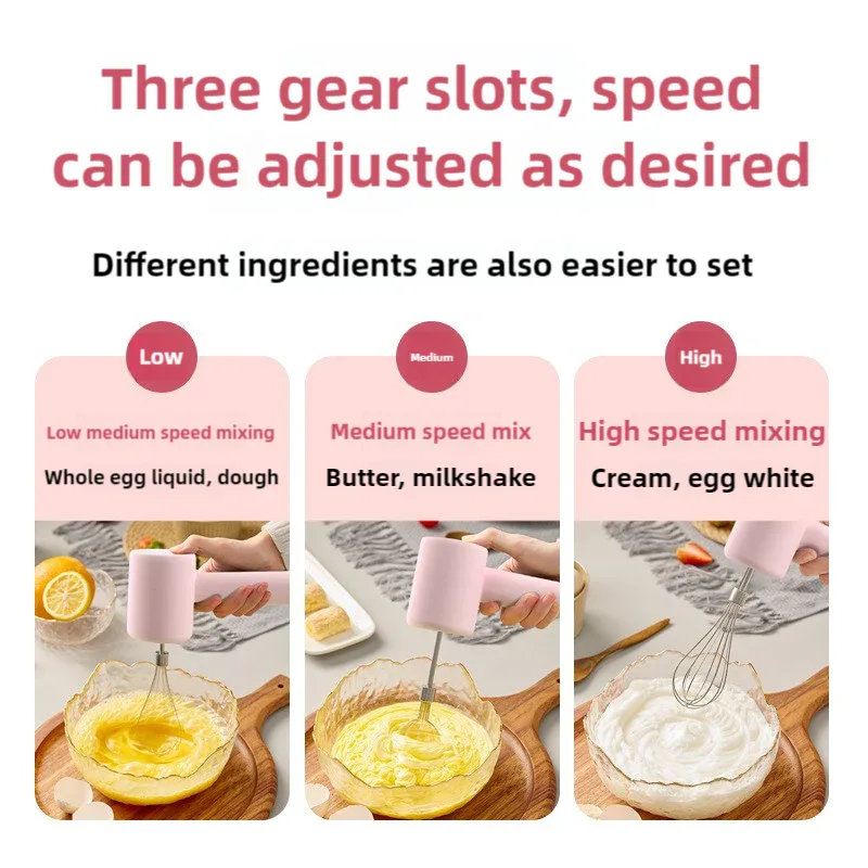 Pink Portable Electric Egg Beater with 3-Speed Adjustment, Dual Whisks, and Type-C Charging - Mekamart Australia