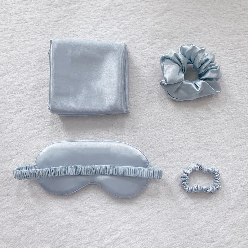 Light Gold Luxury Faux Silk Sleep Gift Set - 4-Piece Eye Mask, Pillowcase & Scrunchies for Relaxation & Comfort - Mekamart Australia