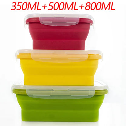 3-piece Set (Red + Yellow +Green) Collapsible Silicone Food Storage Containers Set - 350ML, 500ML, 800ML | BPA-Free, Microwave, Dishwasher & Freezer Safe | Foldable & Portable Bento Boxes for Travel & Outdoor - Mekamart Australia