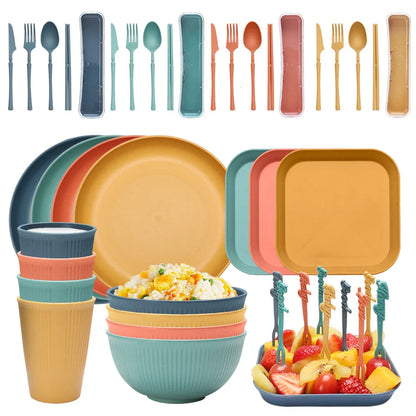 Four-person Set Multicolor Eco-Friendly Wheat Straw Dinnerware Set, Plate, Bowl, Cup & Utensil Set - Lightweight, Reusable, and Durable for Home, School, and Travel - Mekamart Australia