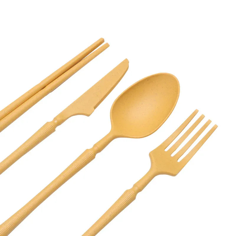 Four-person Set Multicolor Eco-Friendly Wheat Straw Dinnerware Set, Plate, Bowl, Cup & Utensil Set - Lightweight, Reusable, and Durable for Home, School, and Travel - Mekamart Australia