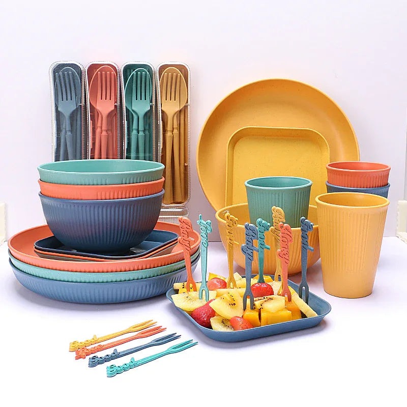 Four-person Set Multicolor Eco-Friendly Wheat Straw Dinnerware Set, Plate, Bowl, Cup & Utensil Set - Lightweight, Reusable, and Durable for Home, School, and Travel - Mekamart Australia